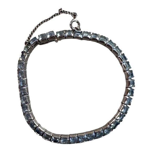 Vintage Weiss Silver-Tone Bracelet With Blue Rhinestone Accents & Safety Chain 7 - Picture 3 of 9